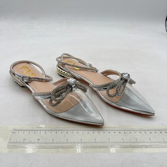 FYS Silver Pointed Toe Slingback Clear Block Low Heels Sparkly Rhinestone Sandal - Picture 4 of 8